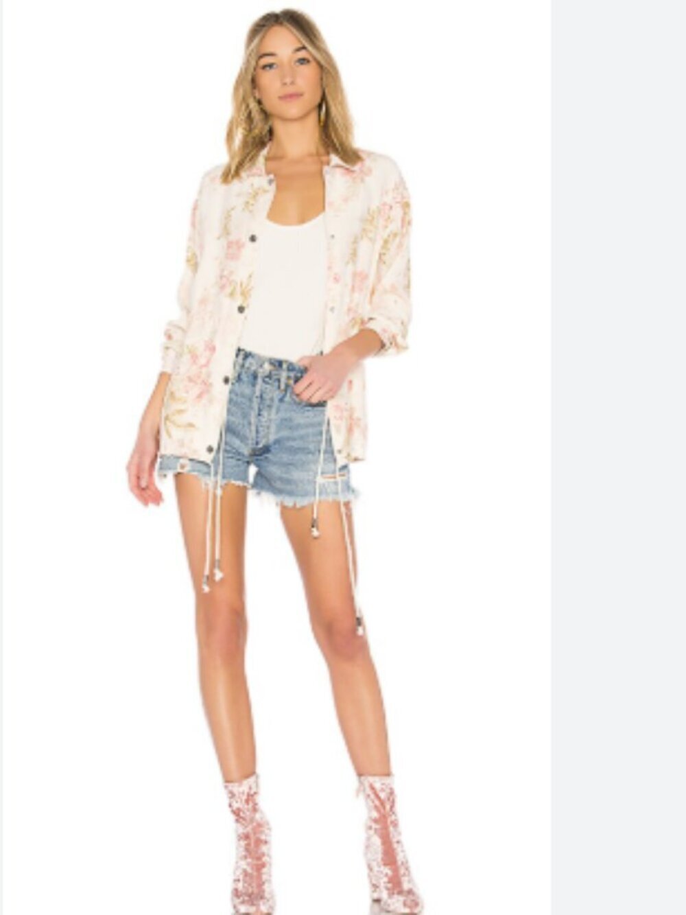 LPA x Revolve Jacket 525 in Cream Floral Size Medium Drawstring
